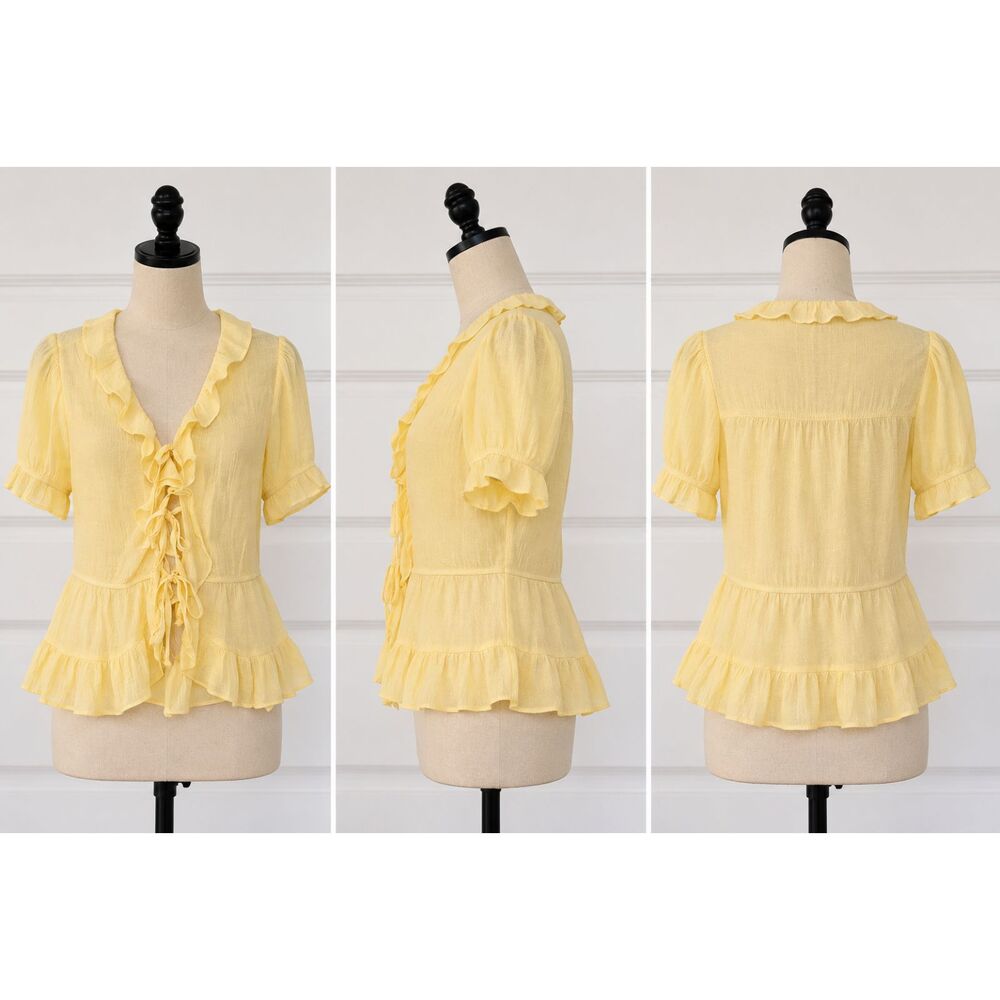 Love & Piece Women’s Medium Yellow Ruffle Tie Front Peplum Blouse Boho